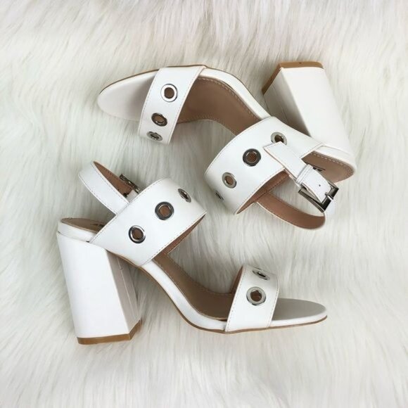 Women's AMS Sarah Silver Grommet Eyelets Slingback Block Heel Sandals White - Picture 3 of 10